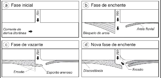 Figura 5. Modelo teórico do processo de bloqueio do transporte litorâneo de sedimentos arenosos pelo fluxo  fluvial (fases a-d) 