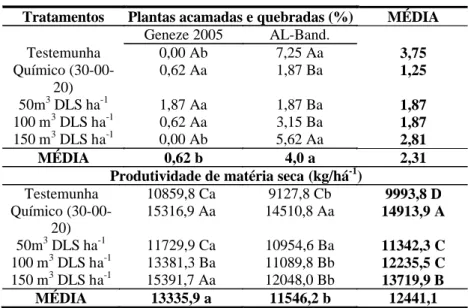 Tabela 2. Plantas acamadas e quebradas (%) e produtividade de matéria seca (kg ha -1 ) em cultivares de milho fertirrigado com dejetos líquidos de suínos em cobertura