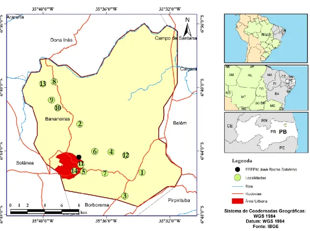 Figura 1. Localização geográfica do município de Bananeiras/PB  e as localidades pesquisadas a partir do projeto