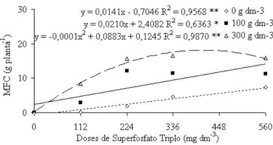 Figura 4. Matéria Fresca do Caule (MFC) da alface em função de doses de ninhos de cupim (0, 100 e 300 g dm -3 ) e de superfosfato triplo (0, 112, 224, 336, 448 e 560 mg dm -3 )