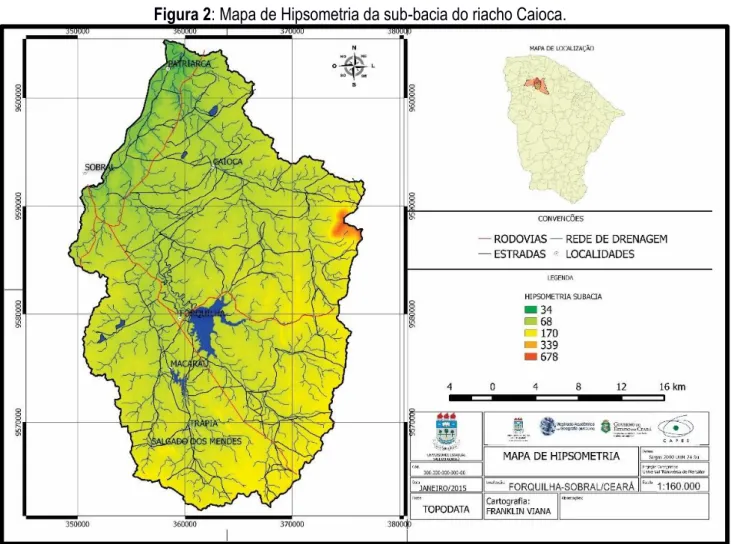 Figura 2: Mapa de Hipsometria da sub-bacia do riacho Caioca. 