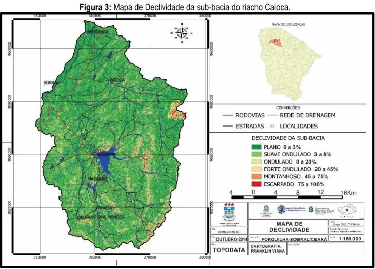 Figura 3: Mapa de Declividade da sub-bacia do riacho Caioca. 