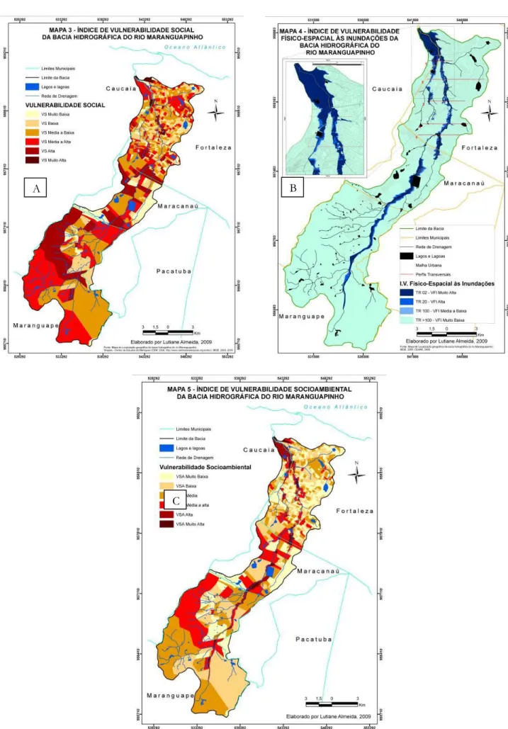 Figura 7 – Mapas de vulnerabilidade social (a), de vulnerabilidade físico-espacial às inundações (b) e vulne- vulne-rabilidade socioambiental da bacia hidrográfica do rio Maranguapinho (c)