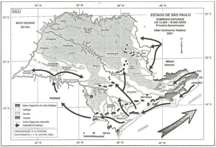 Figura 6 - Domínios naturais do estado de São Paulo, em uma primeira aproximação, mostrando as áreas  de penetração e expansão das formações abertas de climas secos