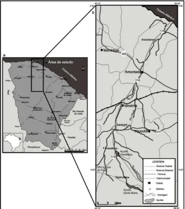 Figura 1 – Mapa de localização da área de estudo no Estado do Ceará (a). Área de estudo e suas principais  vias de acesso, os limites municipais e os cursos de água (b)
