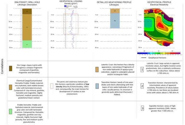 Figure 12 – Correlations between direct data (lithologic description of drillhole, geophysical well logging, detailed weathering profile) and geoelectrical signatures.