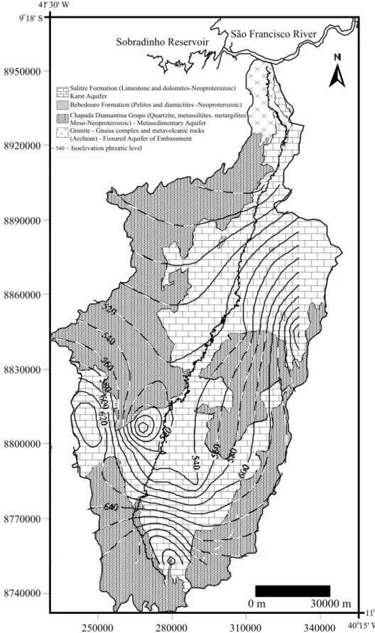 Figure 2 – Groundwater elevation contours of the Salitre watershed.
