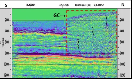 Figure 1 – Seismic section showing a 12 km wide GC (red rectangle), with abrupt loss of quality of the shallow reflectors, while the deeper ones (&gt; 800 ms) maintain intact their lateral continuity.