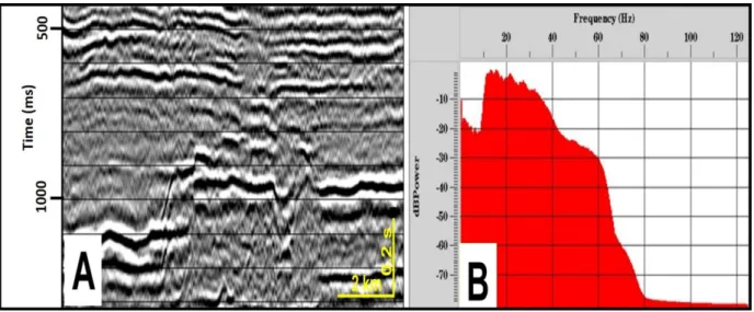 Figure 3 – Original seismic section showing the standard seismic processing, called Pre-Stack Time Migration, and its respective frequency spectrum.