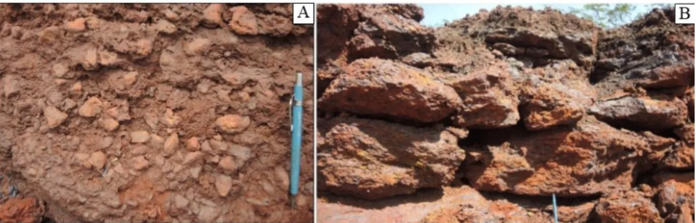 Figure 5 – Varieties of lateritic crust horizon in Carajás. A: detrital lateritic crust; B: ferruginous lateritic crust