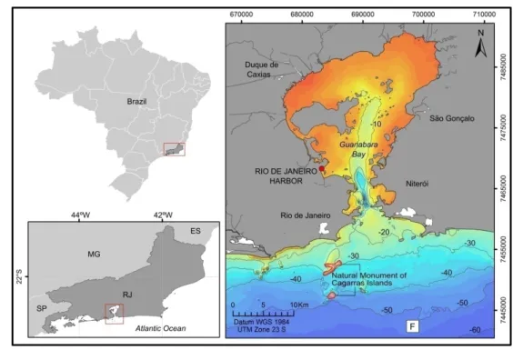 Figure 1 – Study area locating the Rio de Janeiro Harbor inside Guanabara Bay and the disposal site (F) on the inner continental shelf.