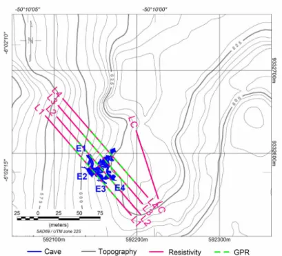 Figure 4 – Location of the geophysical sections near the N4EN mine pit (E1, E2, E3, and E4: cave entrances).