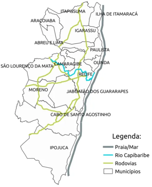 Figura 1 - Municípios da RMR, litoral, Rio Capibaribe e principais rodovias. 