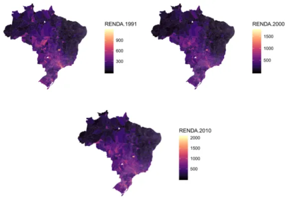 Figura 1 - Mapas quantílicos de variáveis selecionadas  Painel (a) : Renda nos anos de 1991, 2000 e 2010 no Brasil 