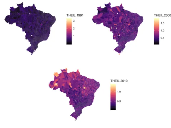 Figura 1 - Mapas quantílicos de variáveis selecionadas (cont.)  Painel (c) : Theil nos anos de 1991, 2000 e 2010 no Brasil 