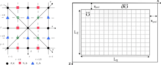 Figure 1 – (Left) Illustration of the mixed-grid used in the numerical solution. The black points represent the field pressure in the conventional grid, the triangular and square symbols represent the field particle velocity in the intercalated grid, the d
