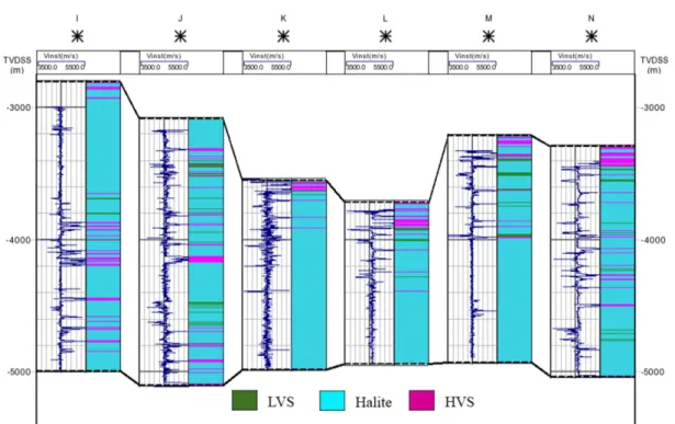 Figure 3 – A piece of a “N-S” stratigraphic cross-section crossing wells from I to N, showing sonic logs (blue lines – left tracks) and lithology group interpretation (right tracks) for the evaporitic section.