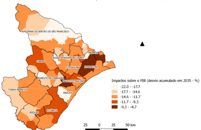 Figura 12 – Resultados do ajuste fiscal sobre o PIB dos municípios de Sergipe - desvio  acumulado 2019-2035 em relação ao cenário de referência (%) 