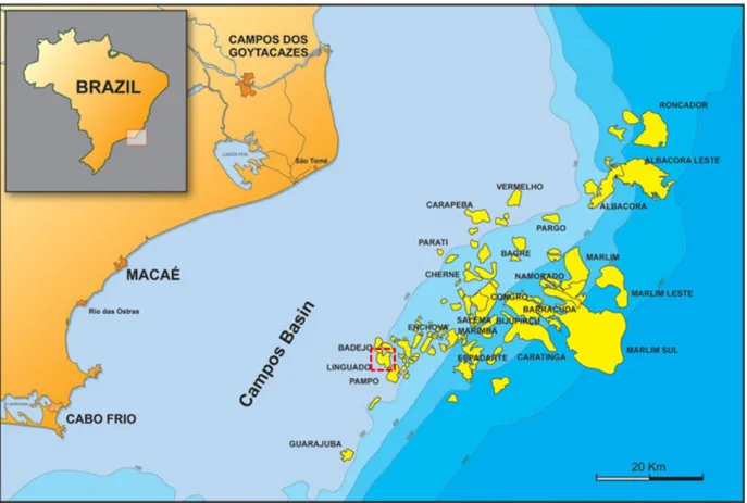 Figure 1 – Location map of the main petroleum fields in the Campos Basin and the studied oilfield in a red rectangle with dashed line (modified from Bruhn et al., 2003).