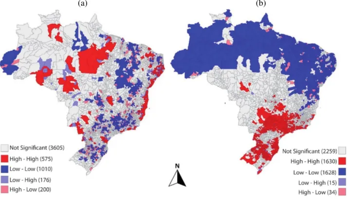 Figure 2 – LISA for the homicide rate and the EDI between the Brazilian Municipalities in  2010 – homicides (a) and EDI (b) 