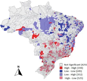 Figure 3: Bivariate local Moran’s I between crime and the EDI for Brazilian municipalities in  2010 