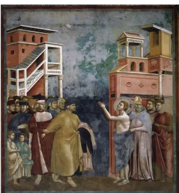 Figura 1. Giotto Di Bondone. Renúncia aos bens mundanos. (170x230). Assis- Itália, Igreja de  São Francisco, Igreja de cima (3ª seção, parede norte) 