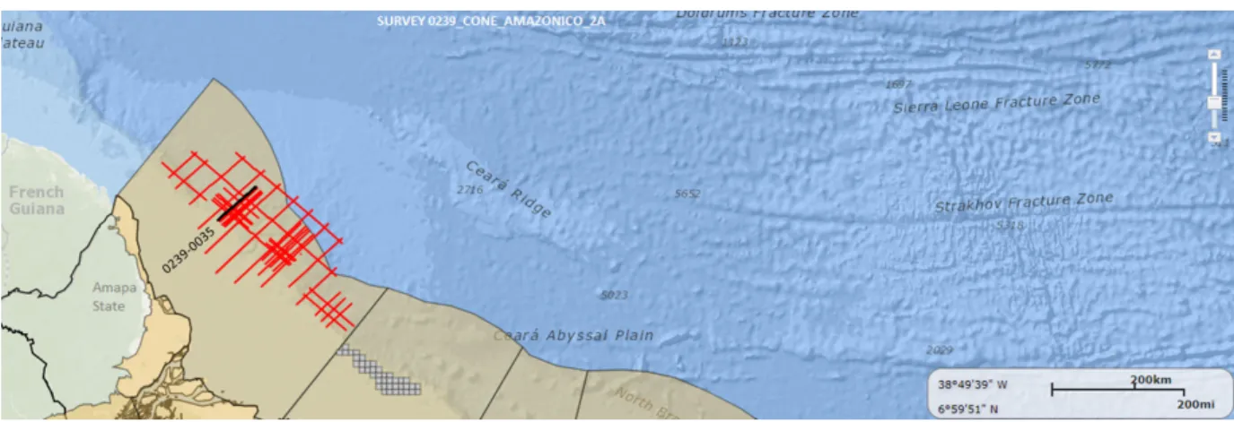 Figure 1 – Location map of the seismic survey provided by the Exploration and Production Database (BDEP) for the Foz do Amazonas Basin (Survey 0239_CONE_AMAZONICO_2A_STK_FIN)