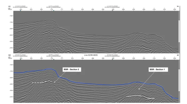 Figure 3 – Seismic line 0239-0035 with no interpretation (top) and with the two sections of BSR (white lines).