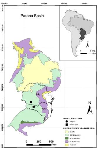 Figure 1 – Geological map of the Paraná Basin (adapted from Milani et al., 1998). Vargeão and Vista Alegre impact structures are located in the states of Santa Catarina and Paraná, respectively