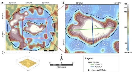 Figure 13 – (A) Depth to the top of the sandstone layer of the Vista Alegre impact structure