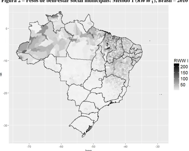 Figura 2 – Pesos de bem-estar social municipais: Método 1 ( LMM N ), Brasil – 2010 