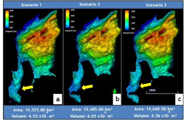 Figure 10 – Isopach maps and respective areal structural and rock volume estimates for scenarios 1(a), 2(b) and 3(c)