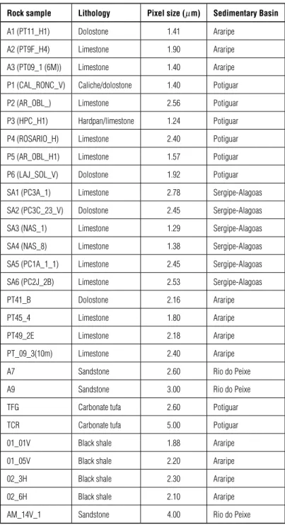 Table 1 – Rock sample, lithology, image resolution (pixel size) and sedimentary basin of origin.