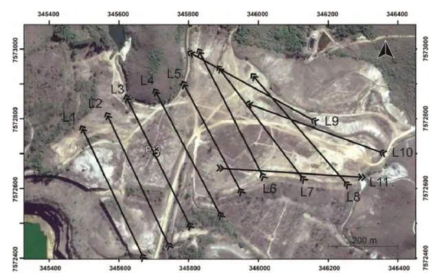 Figure 3 – Arrangement of the geophysical lines in the lower level of the BF-04 and the piezometer PZ-03 location