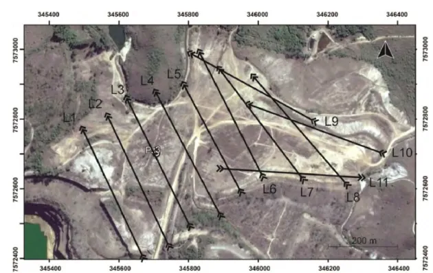 Figure 3 – Arrangement of the geophysical lines in the lower level of the BF-04 and the piezometer PZ-03 location