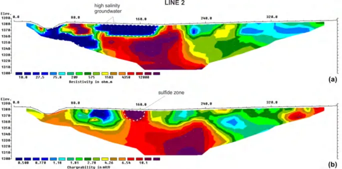 Figure 5 – (a) Resistivity and (b) Chargeability models for Line 2 obtained by inversion