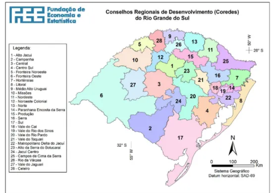 Figura A.1 – Distribuição espacial dos Conselhos Regionais de Desenvolvimento do Rio  Grande do Sul (COREDES) 