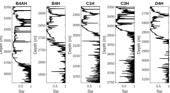 Figure 6 – Water saturation logs for all the five wells studied.