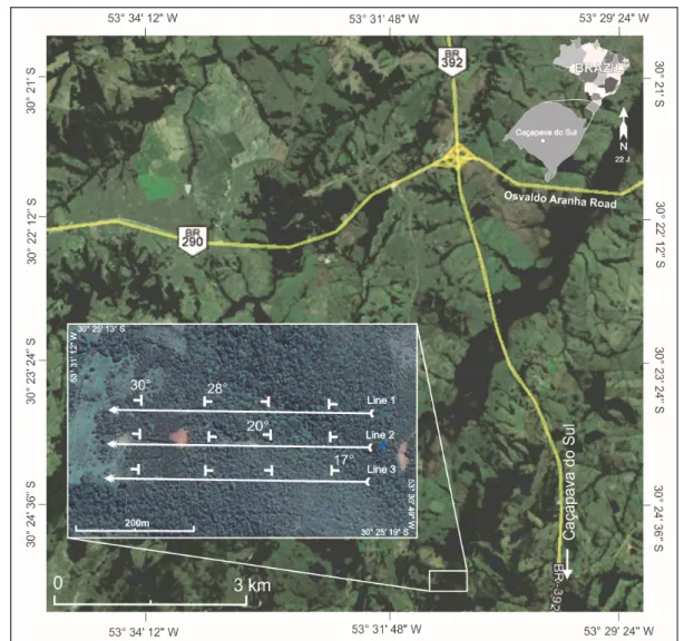 Figure 1 – Location of the study area and positioning of electrical tomography lines and foliation measurements.