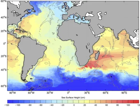 Figure 1 – Map of sea surface height from HYCOM representing the model domain, and isobaths of 1000 m and 3000 m in gray