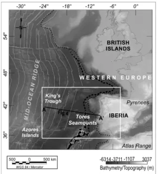 Figure 1 – Western Iberian Margin and location of the study area in Western Europe. Thin black dashed line: continental crustal domain based on Whitmarsh et al
