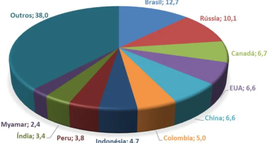 Figura 3 – Distribuição percentual entre os 10 países que mais detêm recursos  renováveis de água doce 