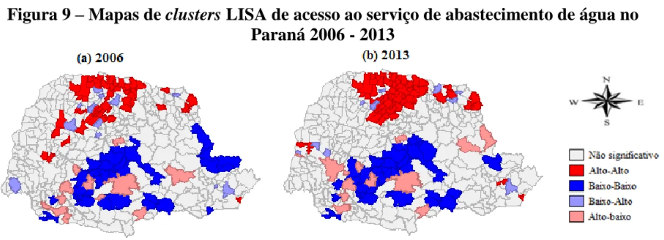 Figura 9 – Mapas de clusters LISA de acesso ao serviço de abastecimento de água no  Paraná 2006 - 2013 