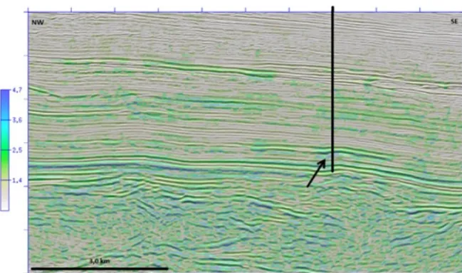 Figure 9 – Section VB-24 with the attribute kurtosis (transparency of 50 percent) on the seismic amplitude