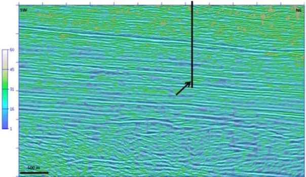 Figure 11 – Section SA232 with the instantaneous average frequency (transparency of 50 percent) on the seismic amplitude.