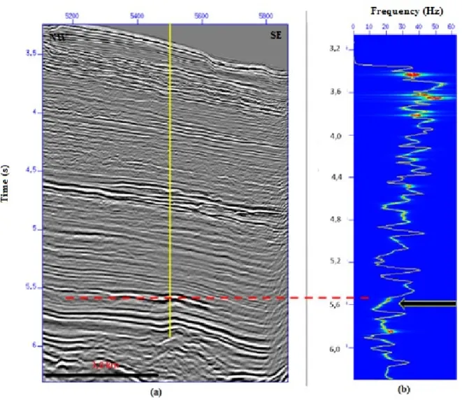 Figure 5 – Section VB-24 showing the position of the profile of the instantaneous average frequency over the 5500 trace, (b) represents the time-frequency plane of the trace showing the variation of frequency and high energy points (red peaks)