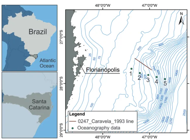 Figure 2 – Map of the studied area. The red line indicates the seismic line position acquired in January 1st, 1993
