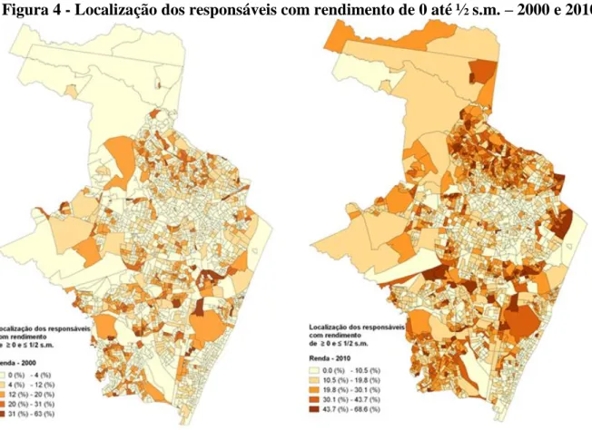 Figura 4 - Localização dos responsáveis com rendimento de 0 até ½ s.m. – 2000 e 2010 