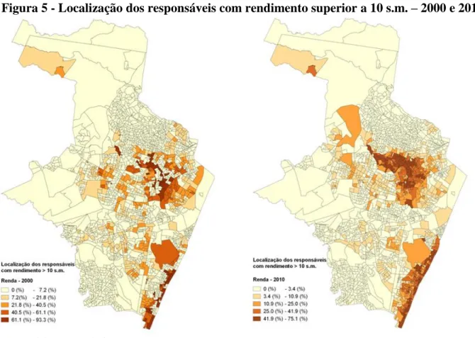 Figura 5 - Localização dos responsáveis com rendimento superior a 10 s.m. – 2000 e 2010 