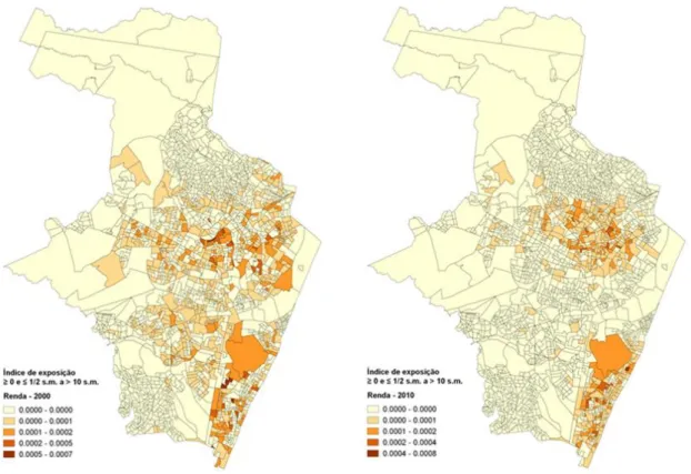 Figura 7 – Mapas do índice local de exposição dos mais pobres aos mais ricos - 2000 e 2010  (bw = 500m) 